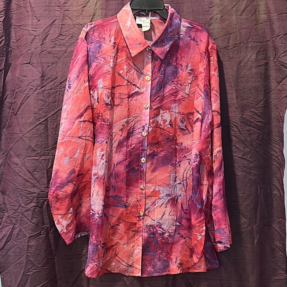 Abstract Pink and Purple Sheer Button Down Long Shirt